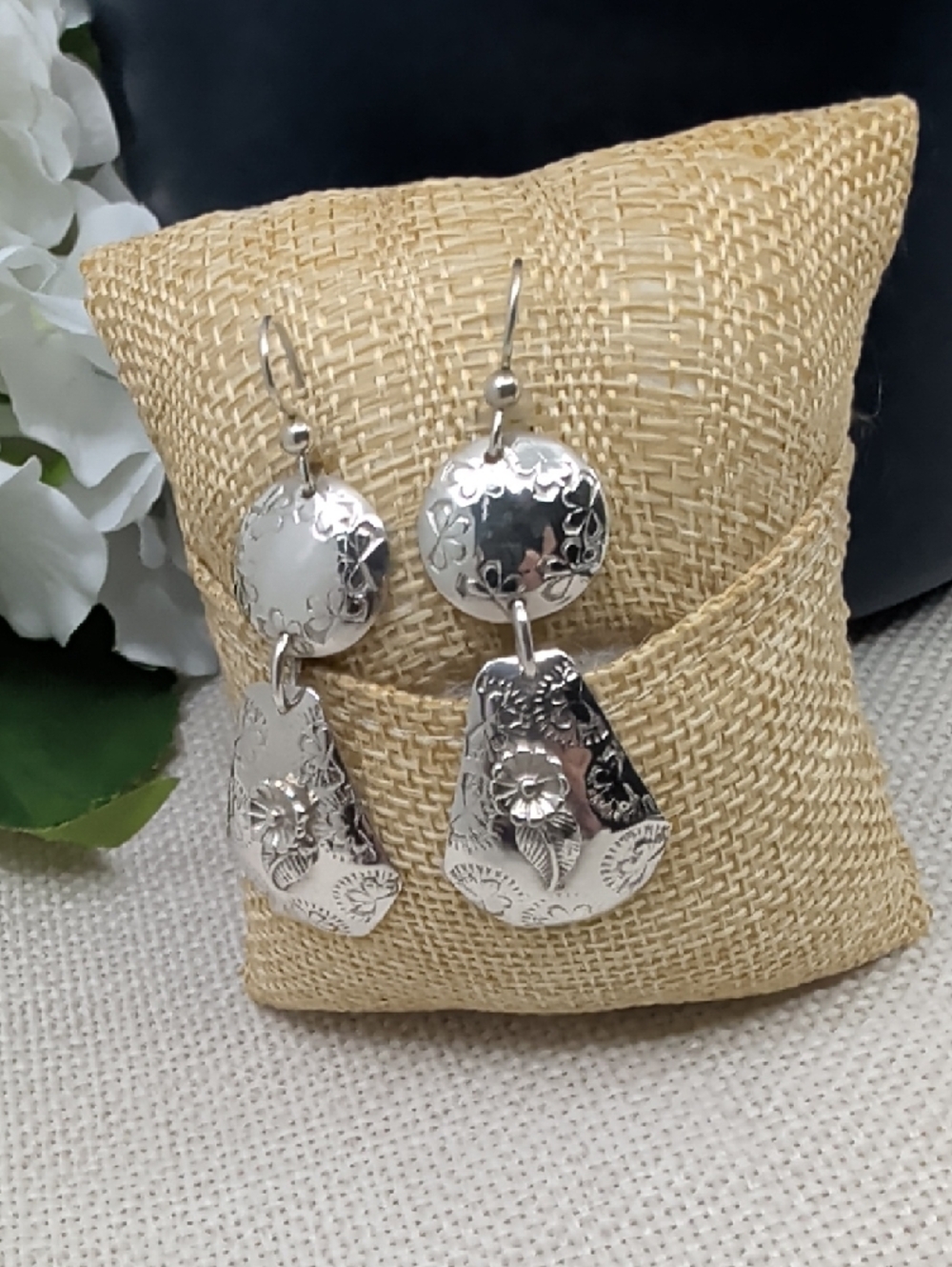 Sterling Silver 925 Floral Drop Earrings Florida Keys Artisan BJH Vintage 1990s - Picture 9 of 17